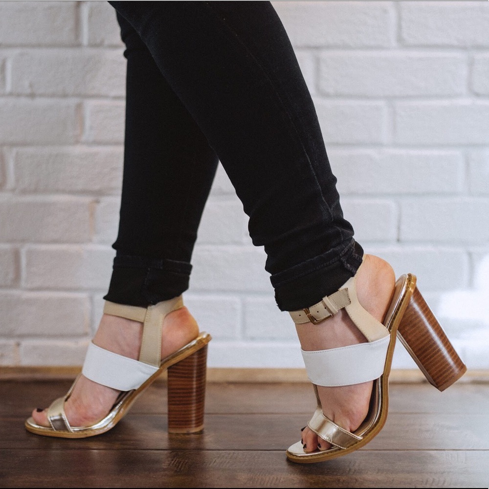 White and gold strapped heels